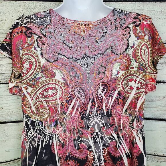 Live and Let Live Women’s L Boho Paisley Lace Back Short Sleeve Tunic Top Black - Picture 5 of 8